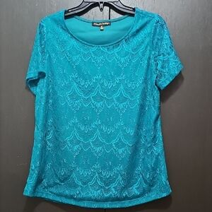 Chic Teal Lace Short Sleeve Top